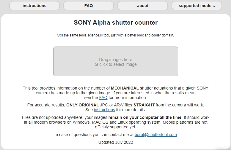 Онлайн-сервис Sony Alpha shutter count tool