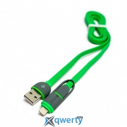 PowerPlant Quick Charge 2A 2-в-1 Flat USB 2.0 AM – Lightning/Micro 1м Green (KD00AS1291)