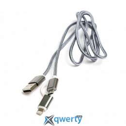 PowerPlant Quick Charge 2A 2-в-1 Сotton USB 2.0 AM – Lightning/Micro 1м Grey (KD00AS1289)