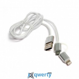 PowerPlant Quick Charge 2A 2-в-1 Сotton USB 2.0 AM – Lightning/Micro 1м Silver (KD00AS1290)