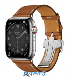 Apple Watch Series 7 Hermès GPS + Cellular, 45mm Silver Stainless Steel Case (MKMG3) with Fauve Swift Leather Single Tour Deployment Buckle (MHLU3)