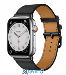 Apple Watch Series 7 Hermès GPS + Cellular, 45mm Silver Stainless Steel Case (MKMG3) with Noir Swift Leather Single Tour Deployment Buckle (MHLU3)