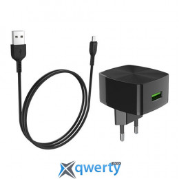 СЗУ Hoco C70A Cutting-Edge 18W USB-A +microUSB кабель Black (6931474706645)
