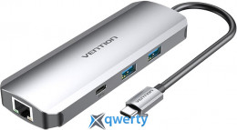 Vention 9-in-1 USB-C→USB-Ax2/USB-C/HDMI/RJ45 1Gbps/SD/microSD/3.5mm/USB-C-PD 100W (TOMHB) 