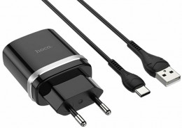 СЗУ Hoco C12Q Smart 18W USB-A +USB-C кабель Black (6931474716293)