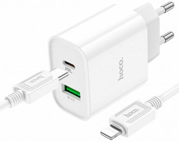СЗУ Hoco C80A Plus Rapido 20W USB-A+USB-C +Lightning кабель White (6931474779892)