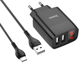 СЗУ Hoco C86A Illustrious 2.4A USB-Ax2 +USB-C кабель Black (6931474746313)