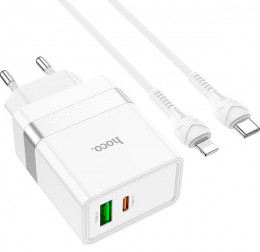 СЗУ Hoco N21 Extension Speed 30W USB-A+USB-C +Lightning кабель White (6931474757784)