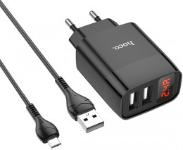 СЗУ Hoco C86A Illustrious 2.4A USB-Ax2 +microUSB кабель Black (6931474746290)