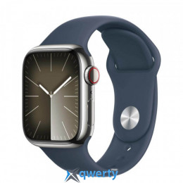 Apple Watch Series 9 GPS Cellular 41mm Silver Stainless Steel Case with Storm Blue Sport Band - S/M (MRJ23)