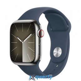 Apple Watch Series 9 GPS Cellular 45mm Silver Stainless Steel Case with Storm Blue Sport Band - S/M (MRMN3)