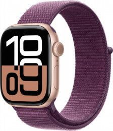 Apple Watch Series 10 GPS 42mm Rose Gold Aluminum Case w. Plum Sport Loop (MWWK3)