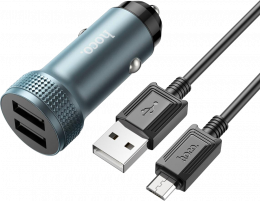 АЗУ Hoco Z49 Level 12W USB-Ax2 + microUSB кабель Metal Gray (6931474795656)