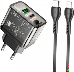 СЗУ Hoco N34 Dazzling dual-port 20W USB-A + USB-C +Lightning кабель Black (6931474799173)