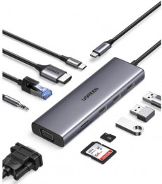 Ugreen USB3.1 Type-C to HDMI/VGA/USB 3.0х3/RJ45/SD/TF/PD/35мм TRRS 100W 10-in-1 (15601)