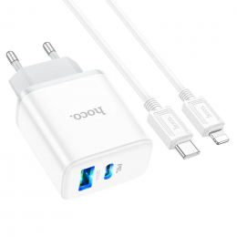 HOCO C105A Stage dual port PD20W+QC3.0 charger set (C to iP)(6931474782939) White