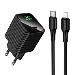 HOCO CS82A Excellent single port PD20W charger with digital display set(C to iP) Black (6942007664509)
