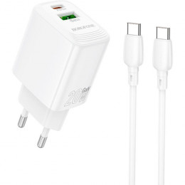BOROFONE BN27 Fuente 1xUSB-C PD20W + 1xUSB QC3.0 + cable USB-C to USB-C White (6941991120282)