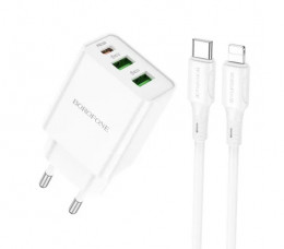 BOROFONE BA70A Quick three-port PD20W 1xType-C 2xUSB charger set Type-C to Lightning cable White (6941991101410)