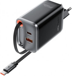 ACEFAST A111 PD67W GaN charger 2xType-C 1xUSB with retractable cable Black (6974316284062)