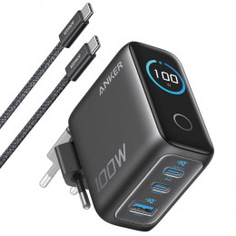 Anker GaN Charger 100W, 2xUSB-C, 1xUSB-A, Display Dark Gray (B121BGZ1) + кабель USB Type-C