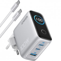 Anker GaN Charger 100W, 2xUSB-C, 1xUSB-A, Display Silver (B121BG41) + кабель USB Type-C