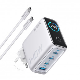 Anker Laptop GaN Charger Silver, 140W 3xUSB-C 1xUSB-A Display (B2697G41) + кабель USB Type-C