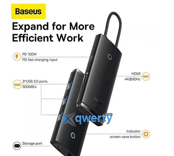 Baseus Lite Series 5-Port USB-C→USB-Ax3/HDMI/USB-C-PD 100W (WKQX040001) 6932172606305