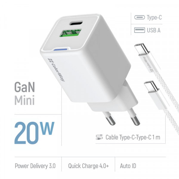 ColorWay GaN Mini 20W PD Port PPS USB (Type-C PD + USB QC4.0) White (CW-CHS062PDC-WT) + кабель Type-C