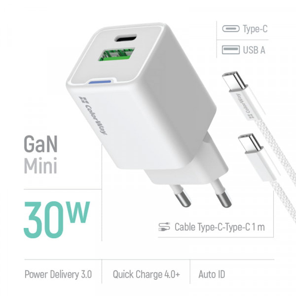ColorWay GaN Mini 30W PD Port PPS USB (Type-C PD + USB QC4.0) White (CW-CHS053PD-WT)