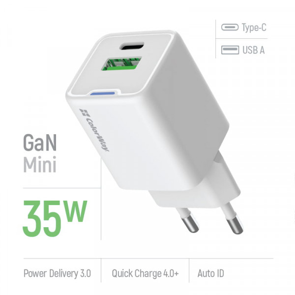 ColorWay GaN Mini 35W PD Port PPS USB (Type-C PD + USB QC4.0) White (CW-CHS055PD-WT)