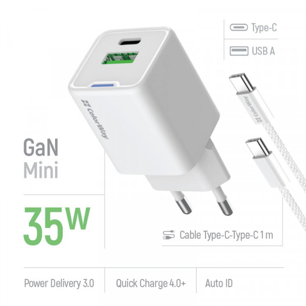 ColorWay GaN Mini 35W PD Port PPS USB (Type-C PD + USB QC4.0) White (CW-CHS055PDC-WT) + кабель USB Type-C
