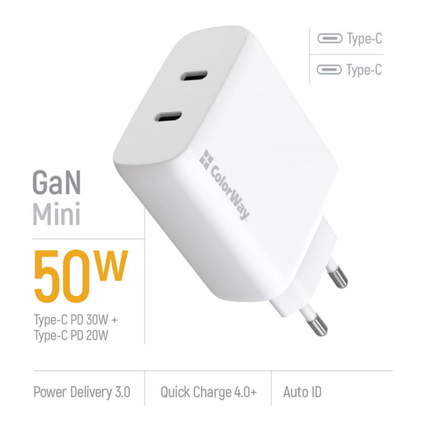 ColorWay GaN Mini 50W PD Port PPS USB (Type-C PD 30W + Type-C PD 20W) White (CW-CHS050PD-WT)