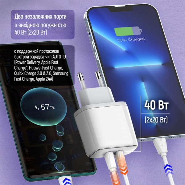 ColorWay Power Delivery Port PPS USB (Type-C PD + Type-C PD) (40W) White (CW-CHS048PD-WT)